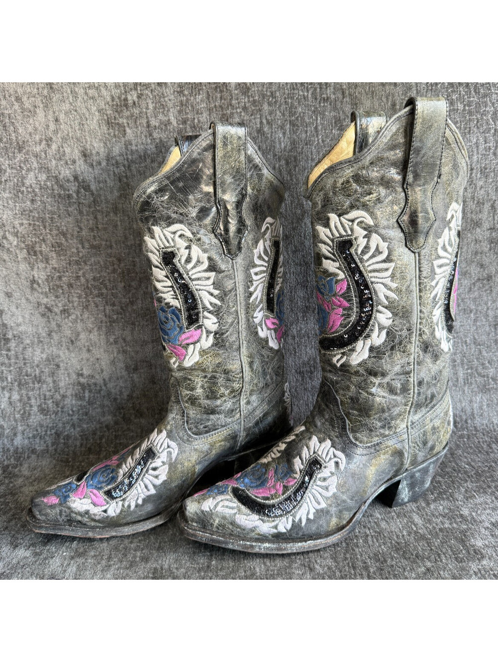 Corral R2523 Womens Floral Horseshoe Sequin Western Cowboy Boots 7 M